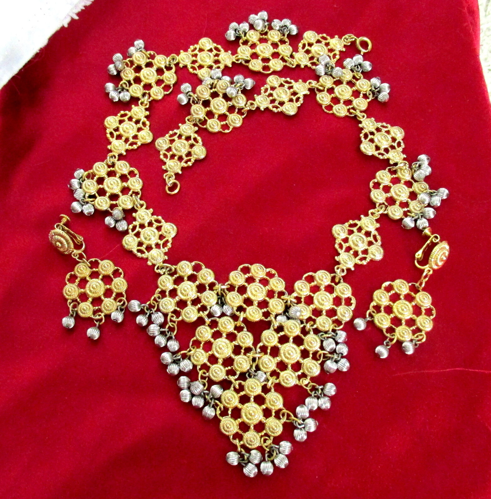 VTG Rare 70s Runway GP/Silver NAPIER Cannetille Filigree BIB NECKLACE EARRINGS