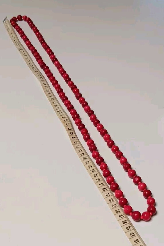 Vintage 135cm Red Carved Wooden & Glass Spacer 11mm Bead Necklace 76 grams