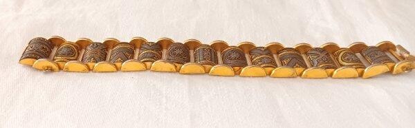 Early Vintage Damascene Wide Panel Link Bracelet Ornate Gold Plate