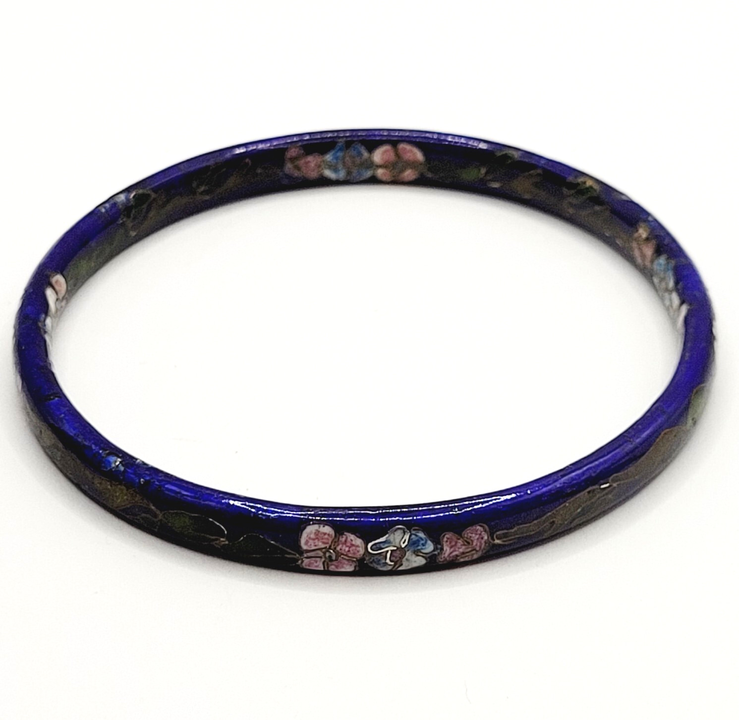 Cloisonné Asian Inspired Dark Cobalt Blue Floral Hand Painted Bangle Bracelet