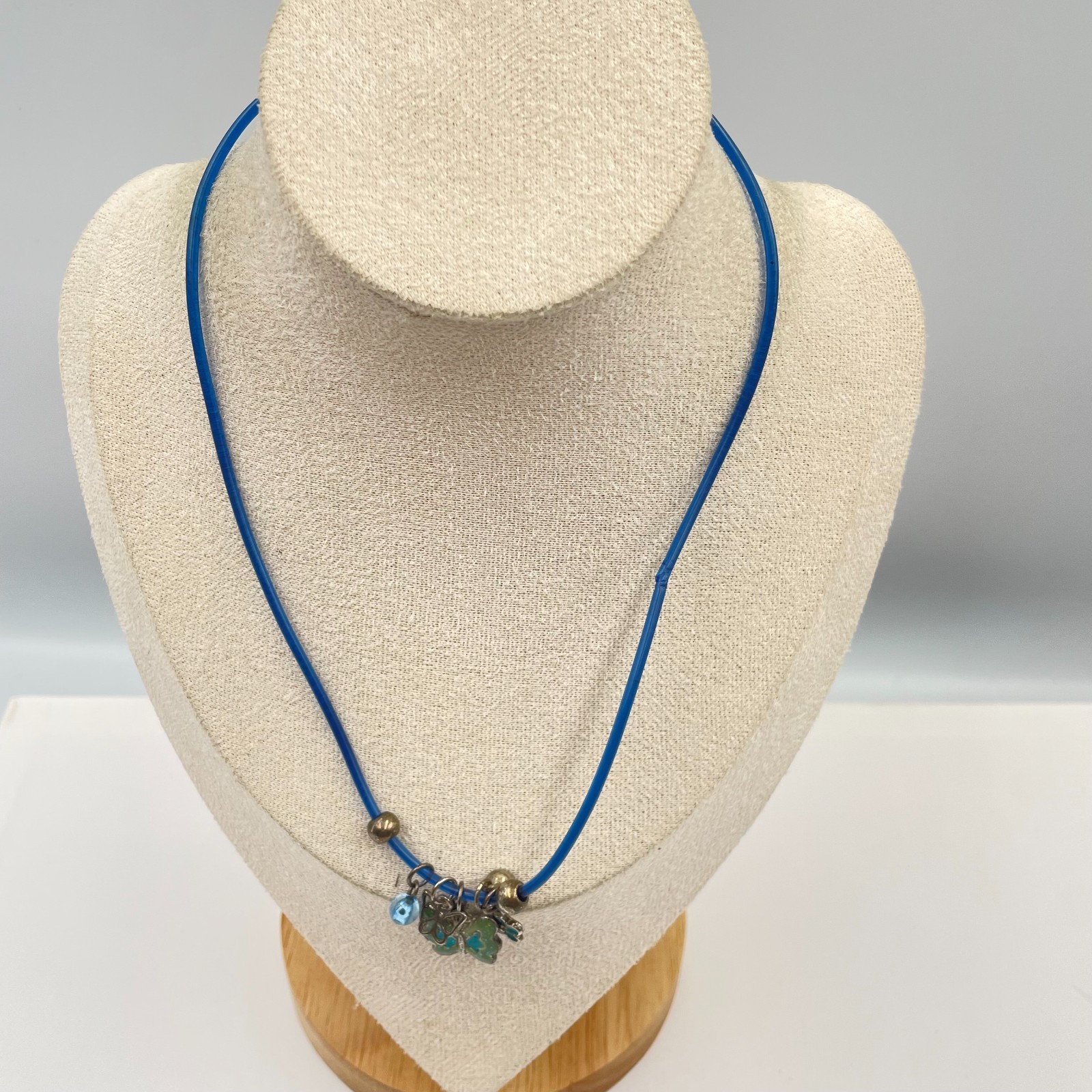 Vintage Y2K Blue Rubber Cord Necklace Butterfly Flower Charms Enamel Goth Grunge