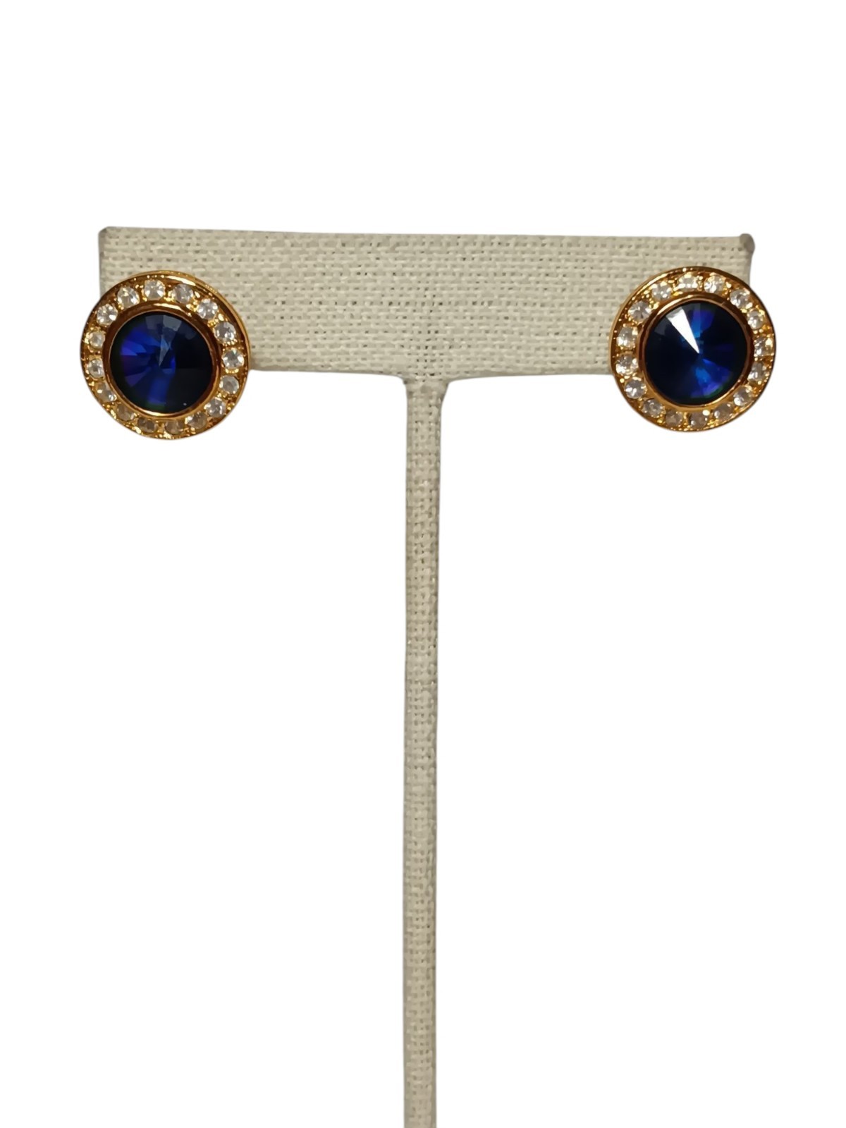 Roman Signed Earrings Violet Blue Rivoli Clear Crystal Gold Tone Round Pierced