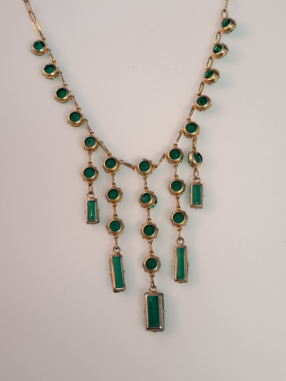 Vintage Art Deco Revival Green Glass Festoon Bib Necklace Gold Tone Fringe Drops