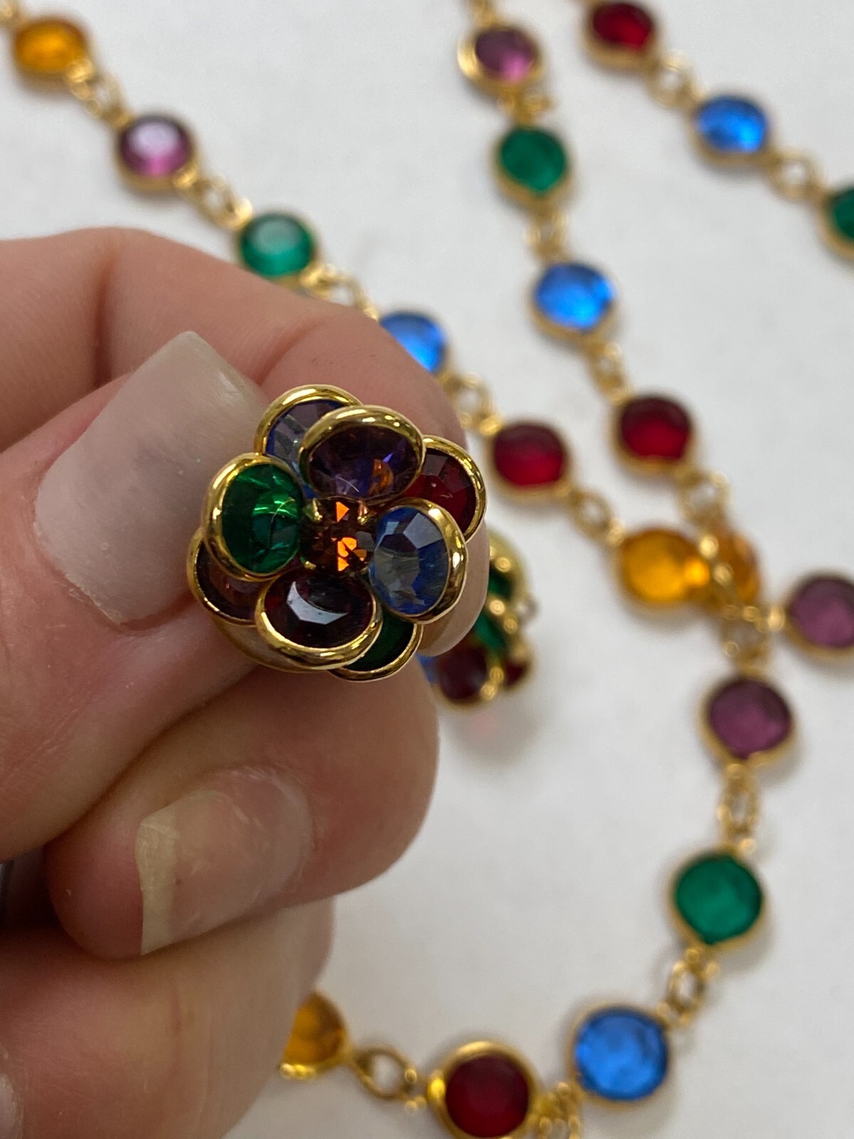 Austrian Crystal USA Vintage Necklace/Earrings Multicolor Open Bezel Gold Color