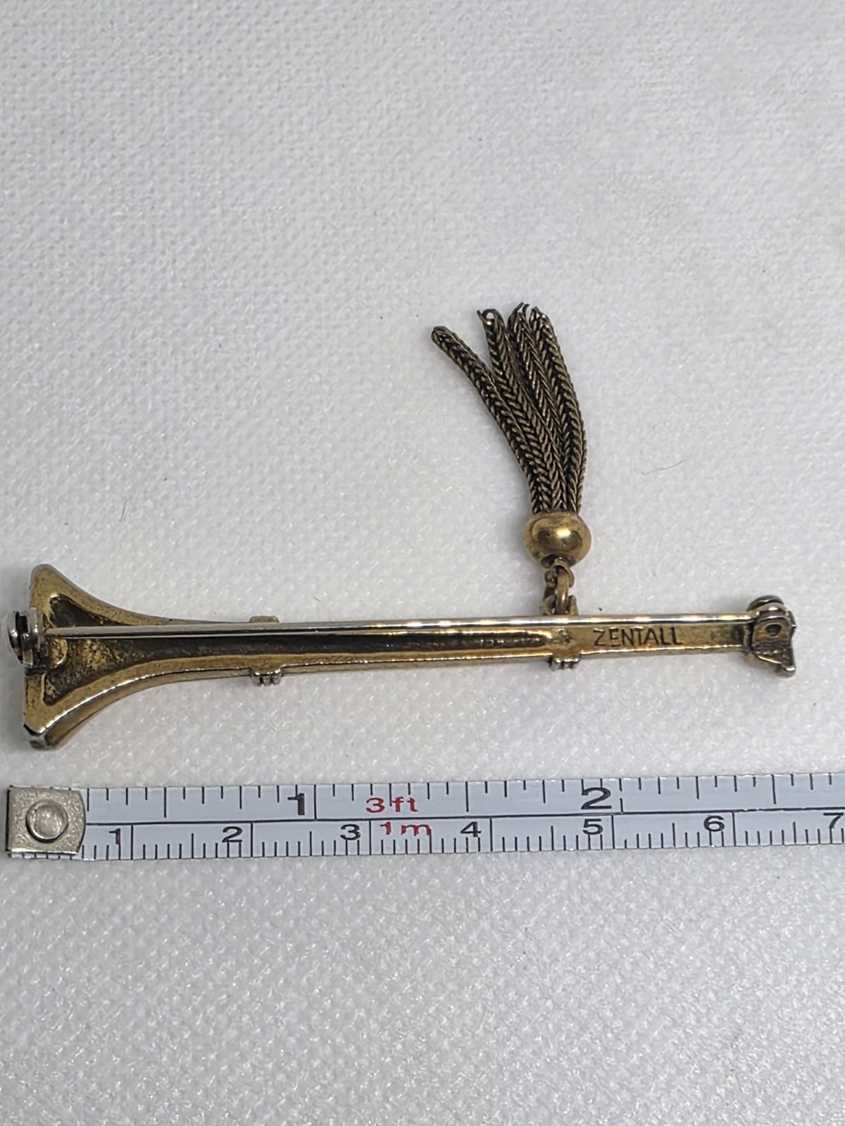 Vintage Zentall Trumpet Horn Brooch Gold Tone Tassel Long Bar Pin Signed Rare