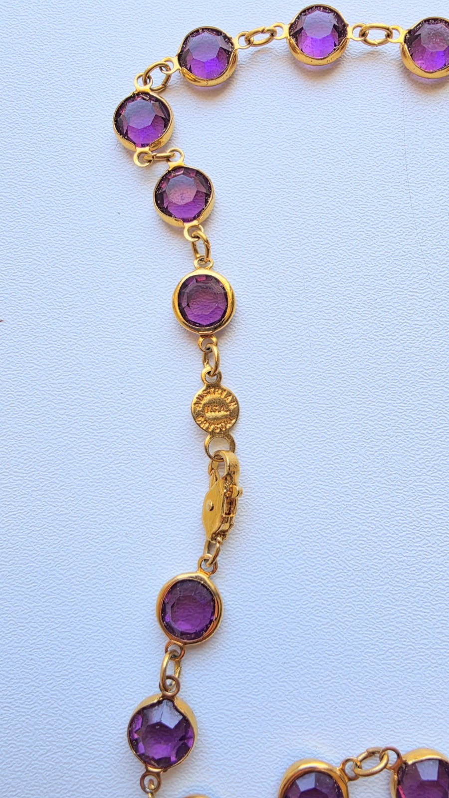 Vintage Purple Amethyst Austrian Crystal USA Necklace 34″ Gold Tone Open Bezel