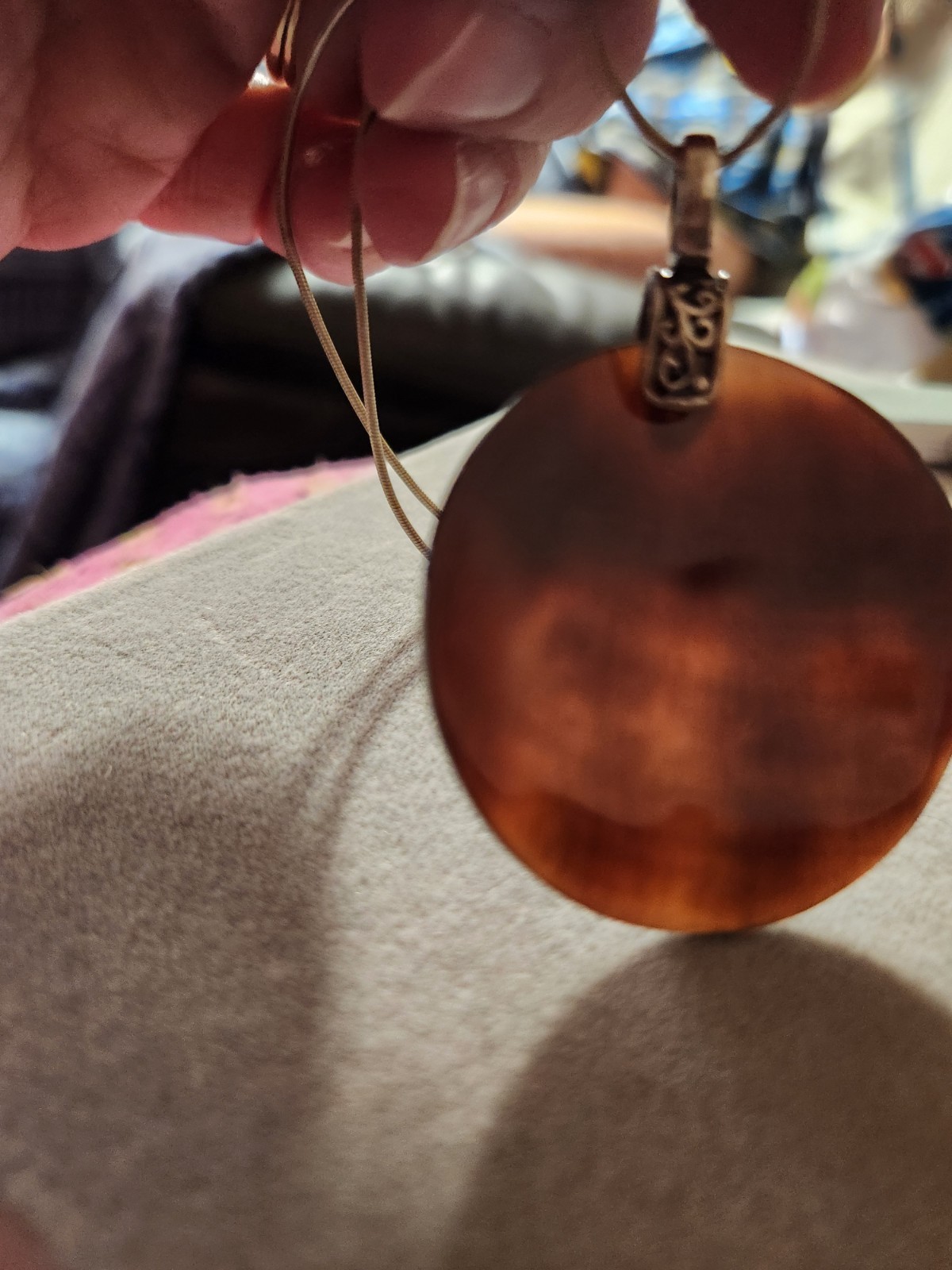Vintage Brown Round Shell Sterling Silver Pendant Chain & Dangle Earring Set