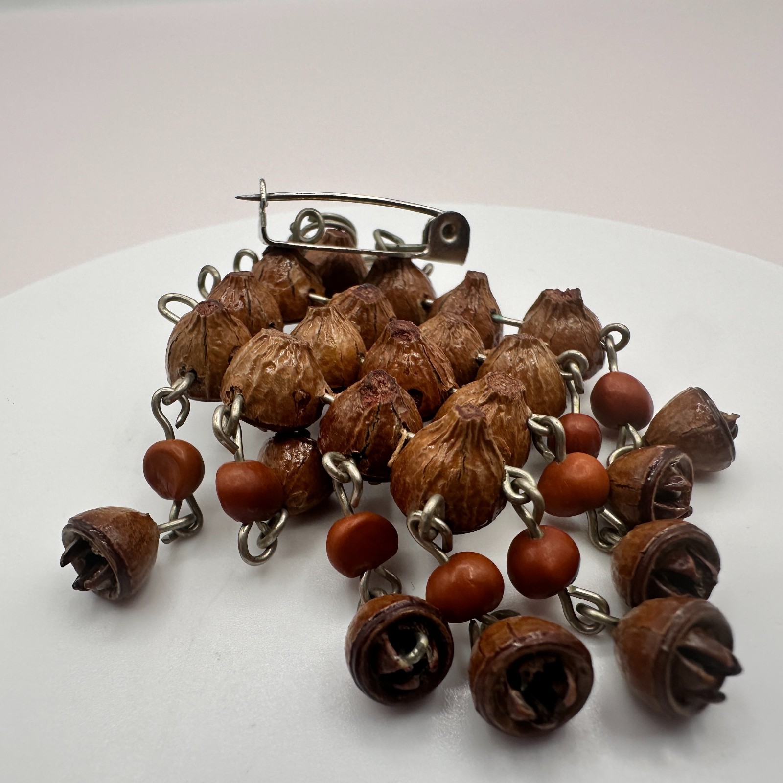 Vintage 90s Brown Wood Nut Seed Dangle Brooch Natural Boho Statement Jewelry