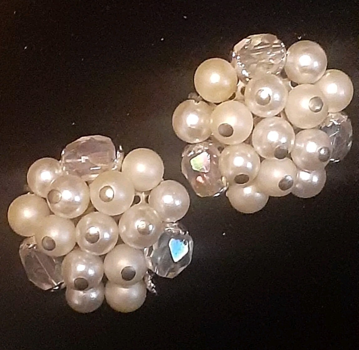 Vintage faux pearl & glass bead cluster round clip on earrings