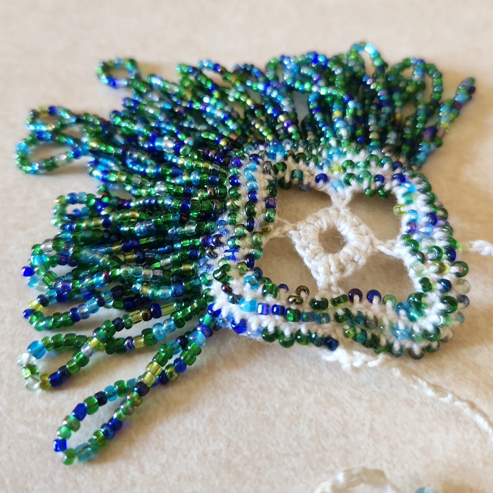 18.5″ Artisan Made Cord Glass Seed Bead Blue Green Necklace Fringe No Metal