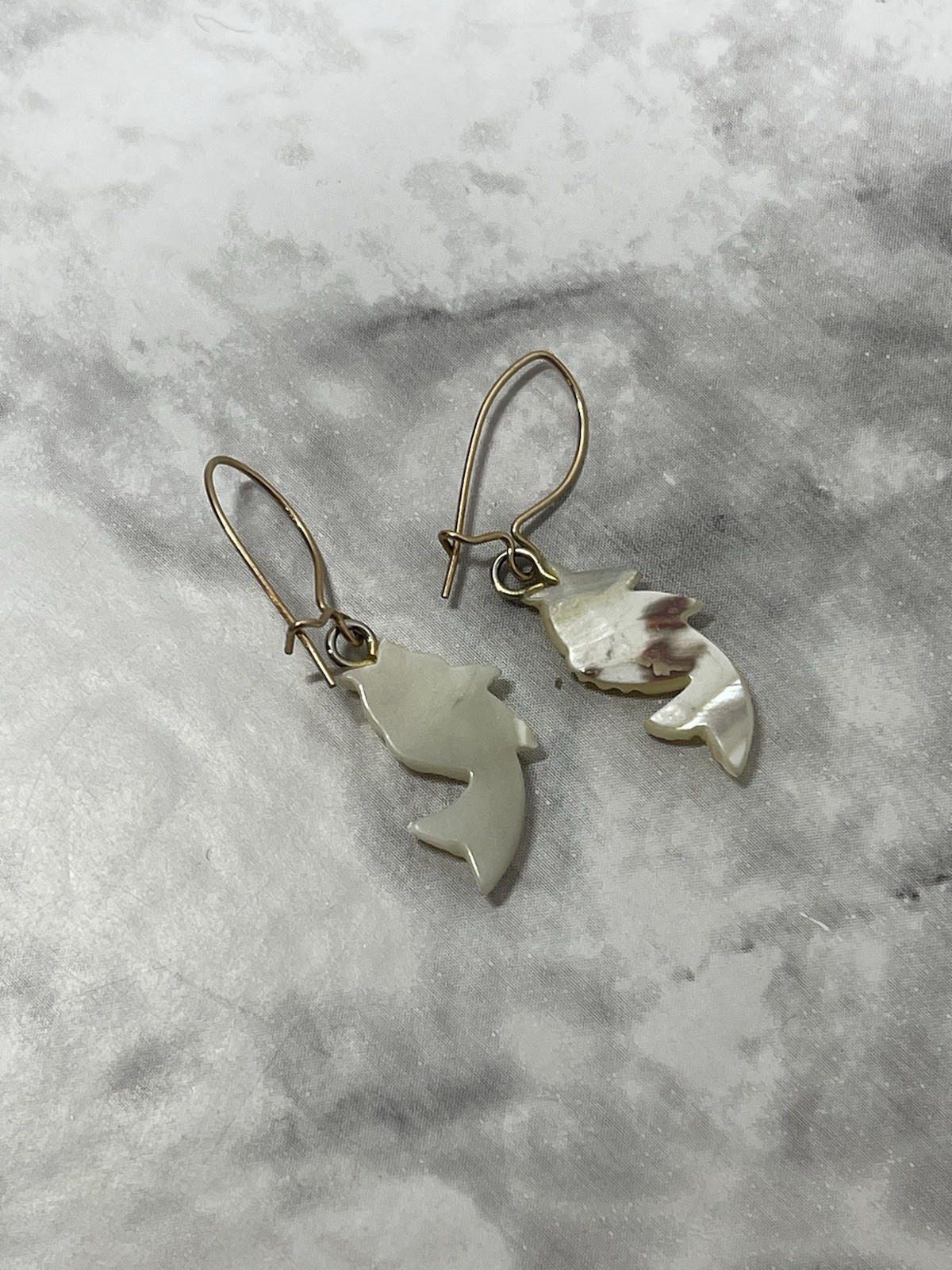 Vintage Mother of Pearl Carved MOP Pierced Koi Fish Dangle Earrings