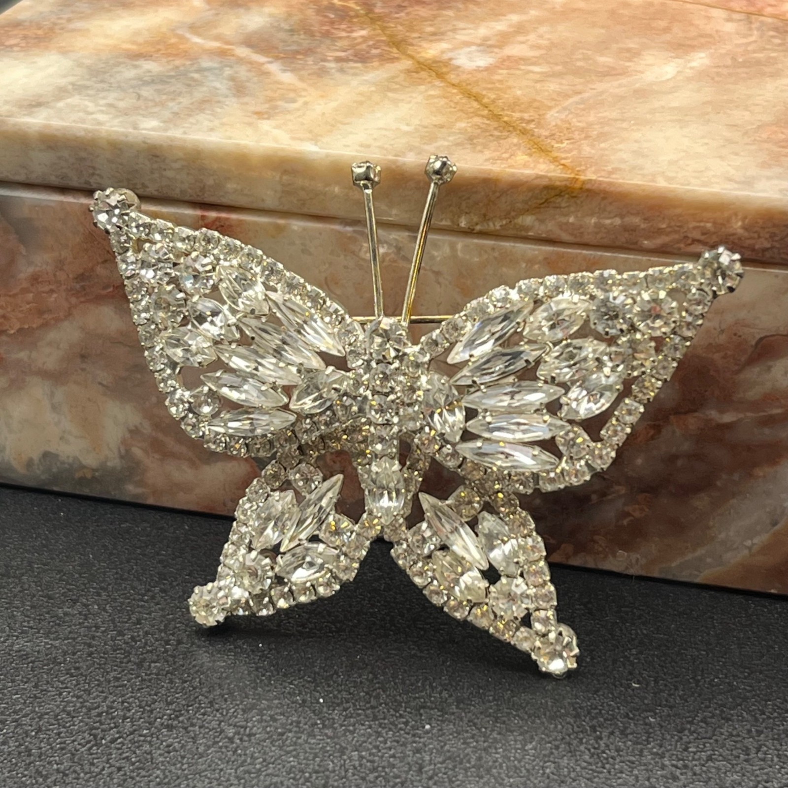 Mid Century Rhinestone Butterfly Brooch Silver Tone Navette Wings