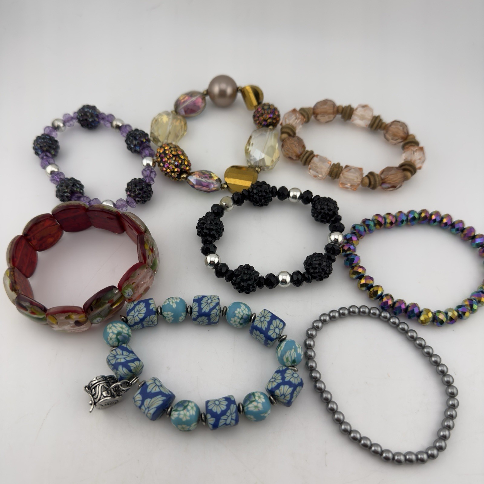 Vintage Estate Stretch AB Bead Beaded Glass Plastic Bracelet Large Lot of 8