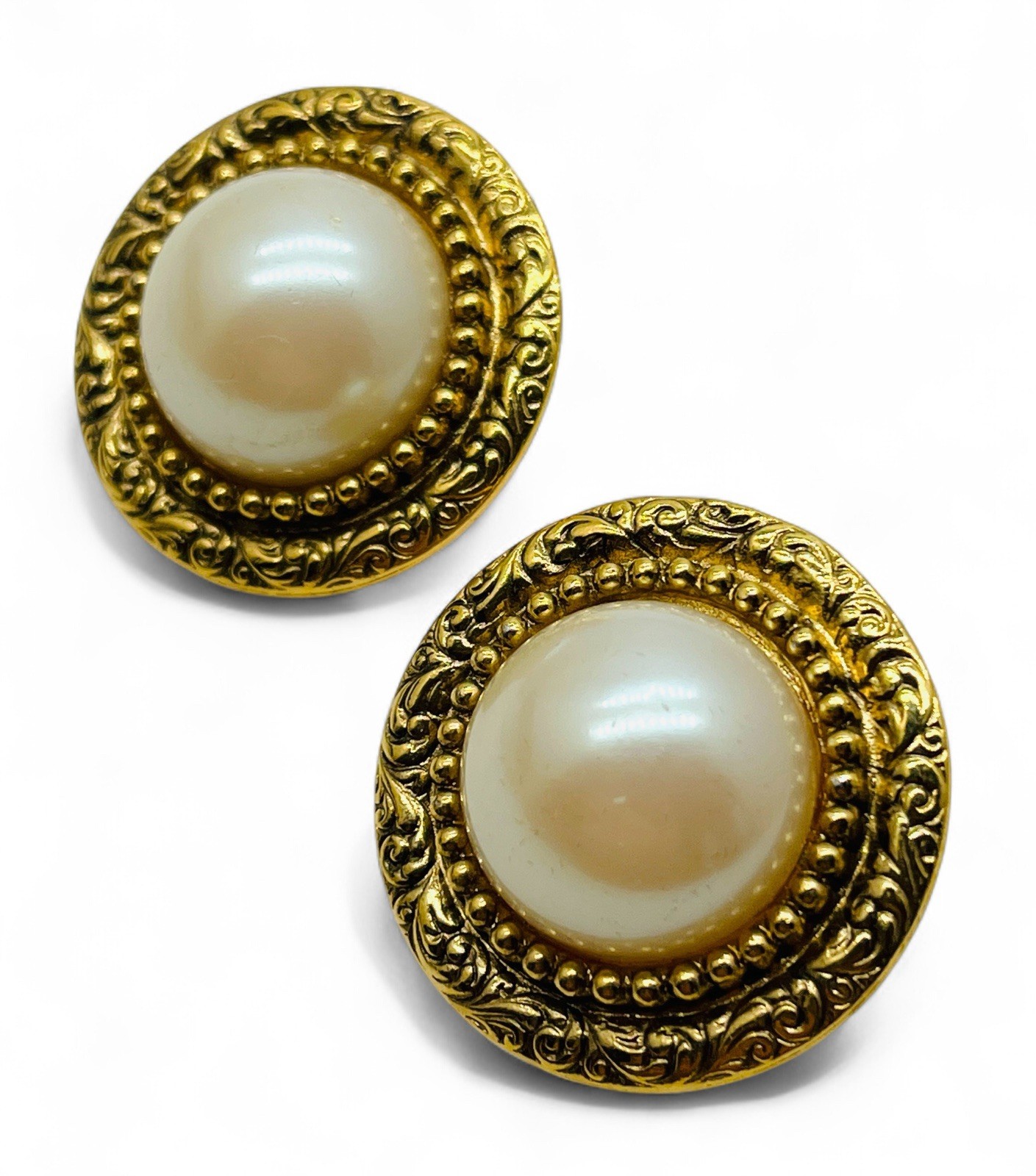 Vintage 1980’s 1928 Chunky Gold Tone Faux Pearl Glam Statement Earrings