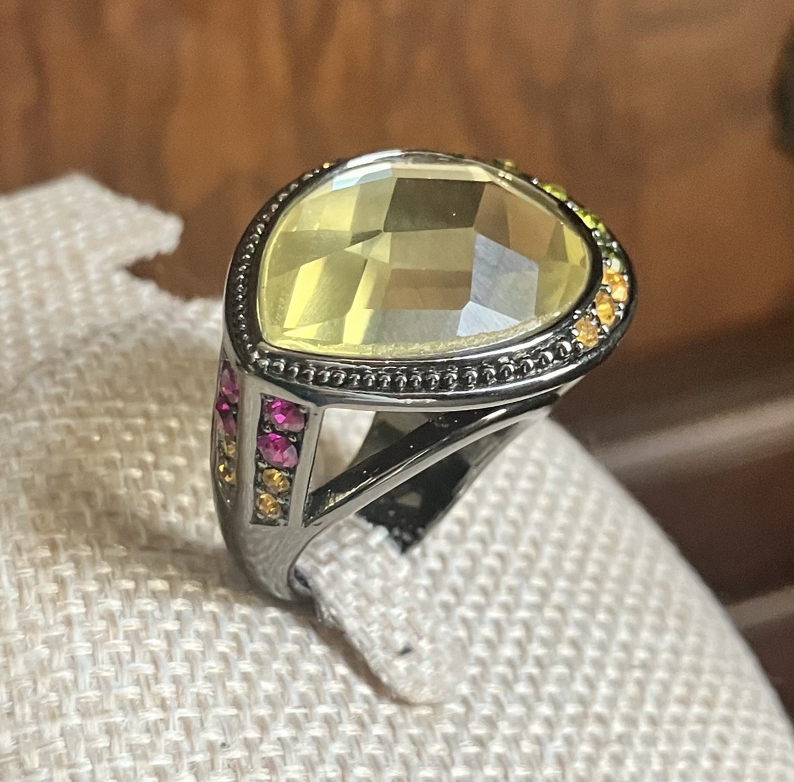 HSN Designer Signed M & CN Multi Gemstone Yellow Teardrop Faceted Cocktail Ring