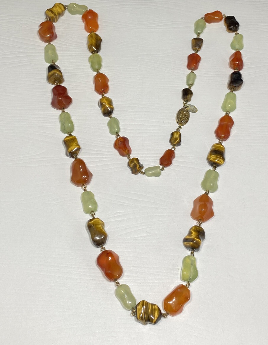Vintage Signed Les Bernard Tiger?s Eye Jade and Carnelian Beaded Necklace 36 in