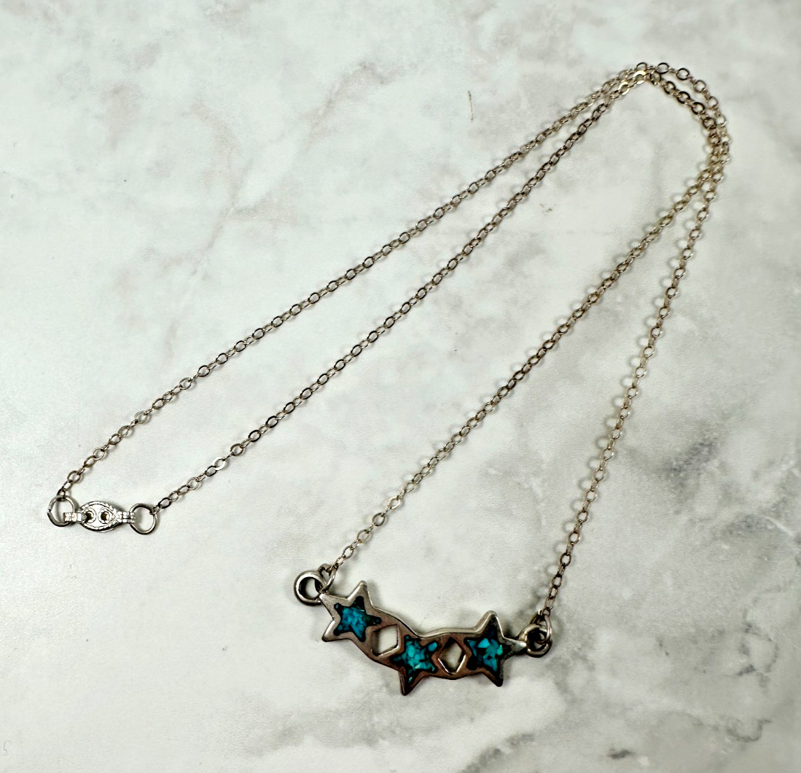 Sterling Silver Southwest Necklace – 3 Stars with Turquoise Chip Inlay – 14″