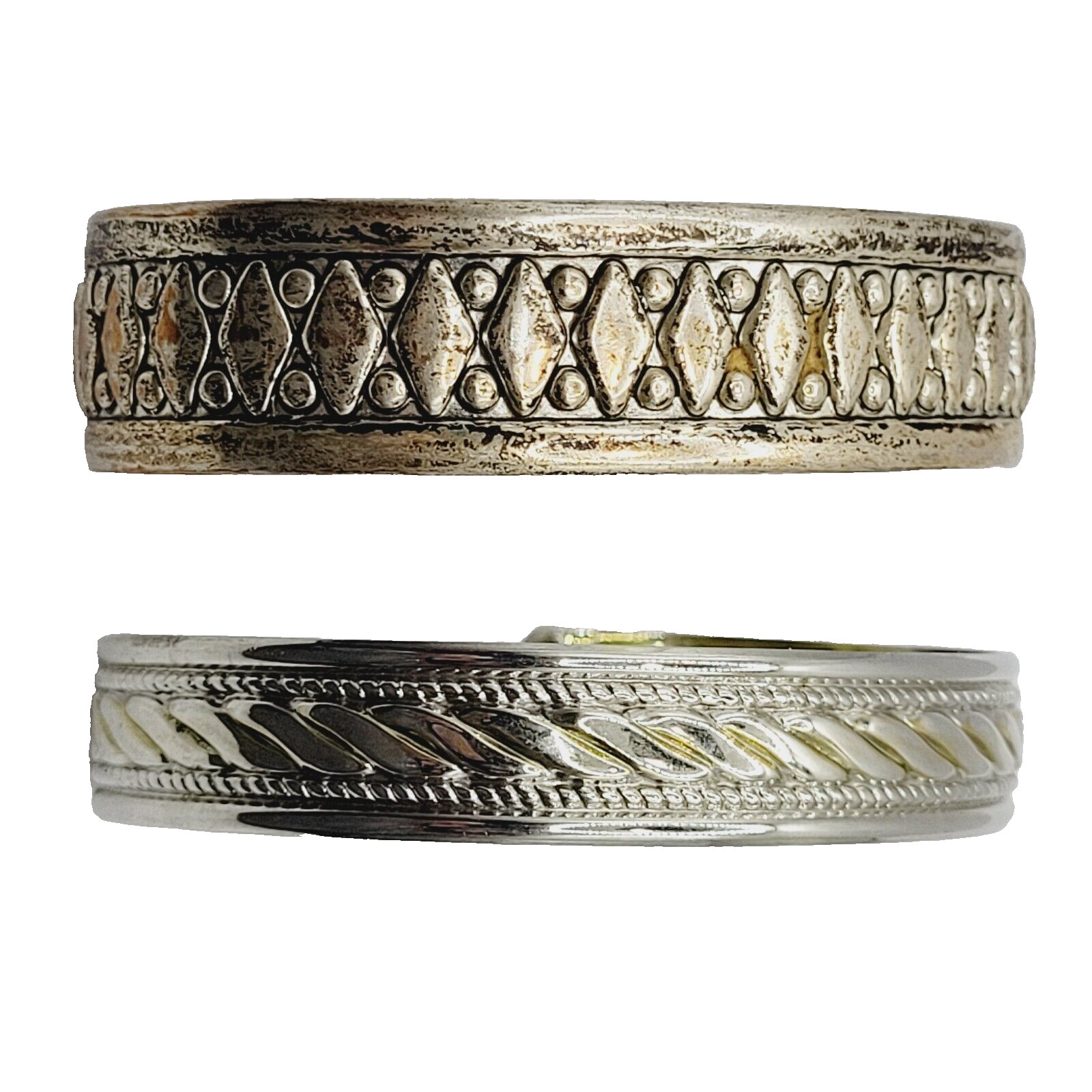 Two Vintage Metal Cuff Bracelets 1 Brass & 1 Silver Tone Patterned Tarnished