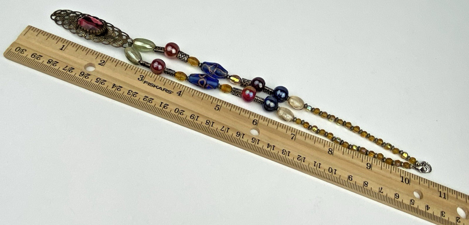 VTG Iridescent AB Carnival Glass Necklace Art Beaded Red Gold Filigree Blue EUC