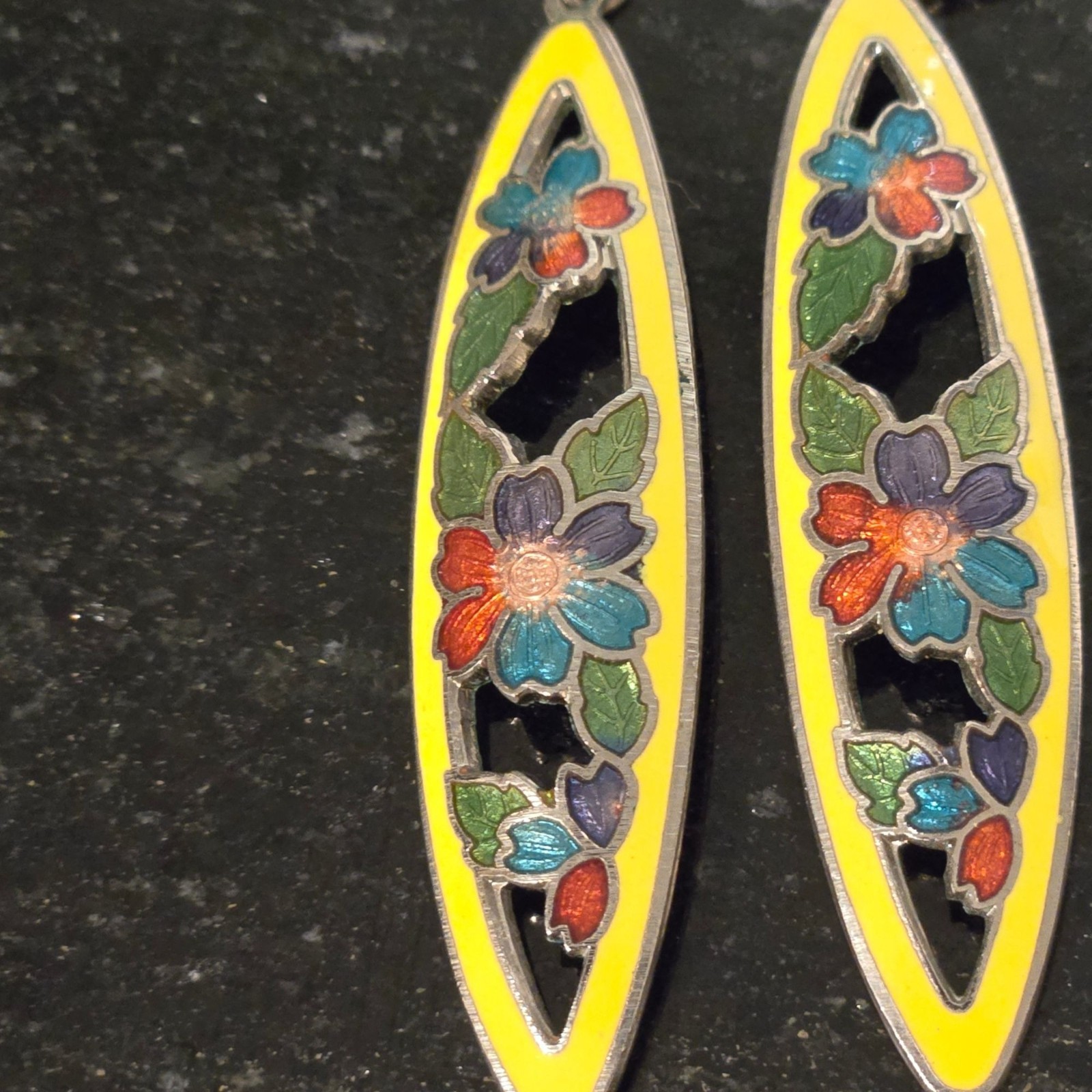 Vintage yellow Cloisonne Enamel Flowers Dangle Hook Earrings rainbow floral boho