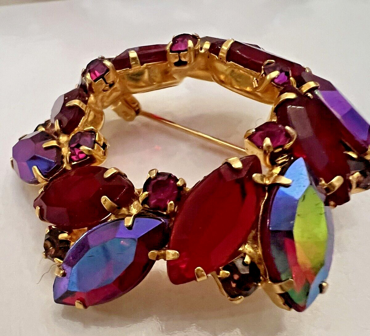 VTG D&E Juliana Brooch Siam Red A B Marquise Purple Fuchsia Open Back Rhinestone