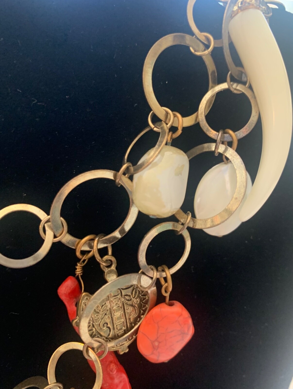 Vintage Metal Link Necklace with Glass and metal Charms stone, faux coin & shell