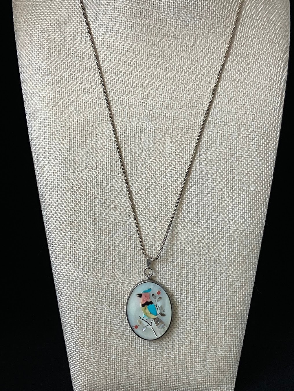Vintage Multi Stone Inlay Pendant Bird Mother of Pearl Sterling Signed READ