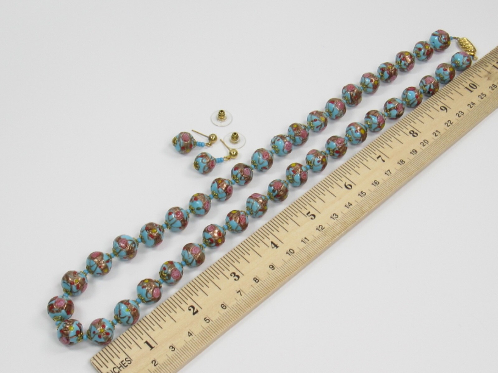 Italy WEDDING CAKE Gold Pink Red Blue Bead Strand NECKLACE Pierced EARRINGS SET