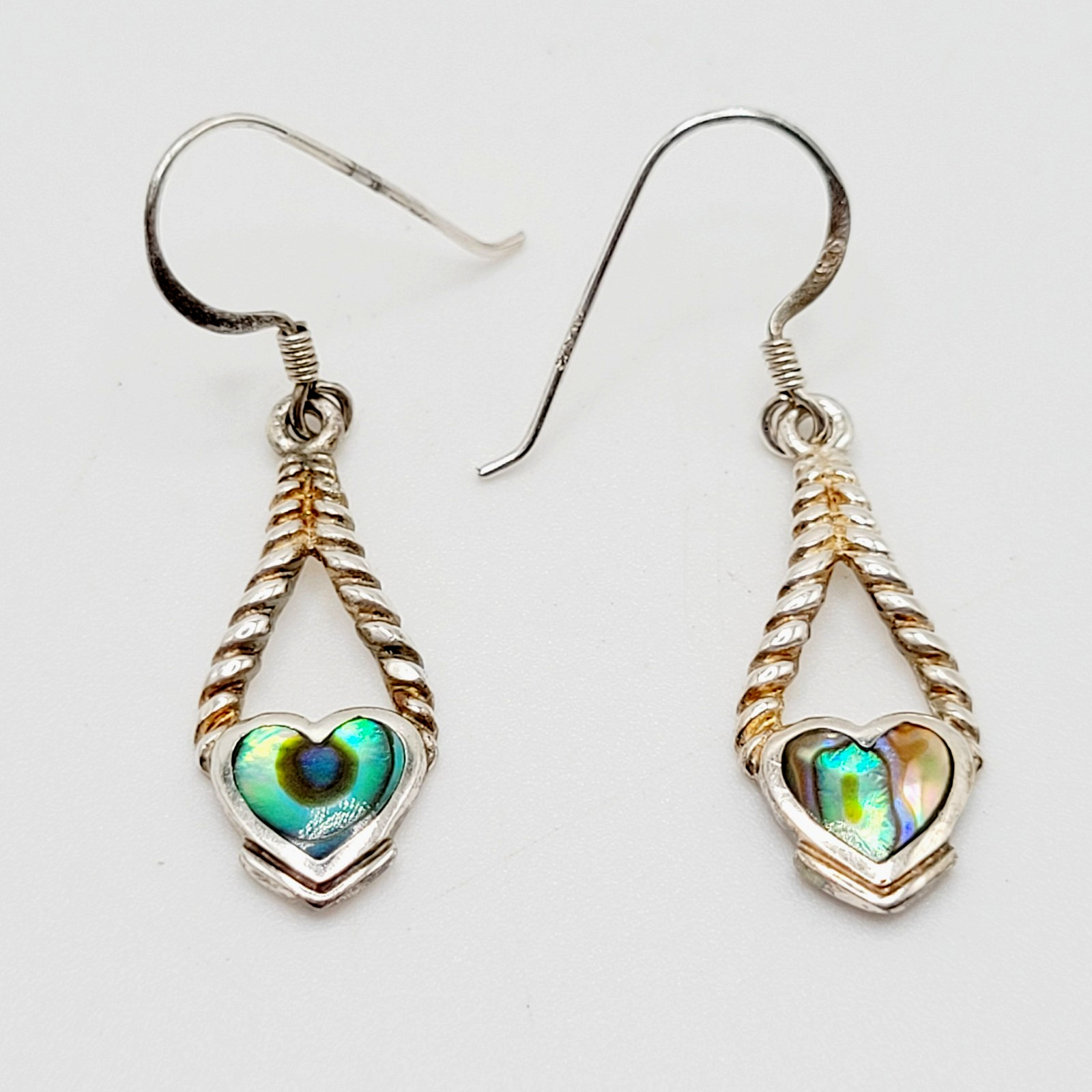 Heart Twisted Open Metal Paua Shell Inlay Sterling 925 MC Hook Pierced Earrings