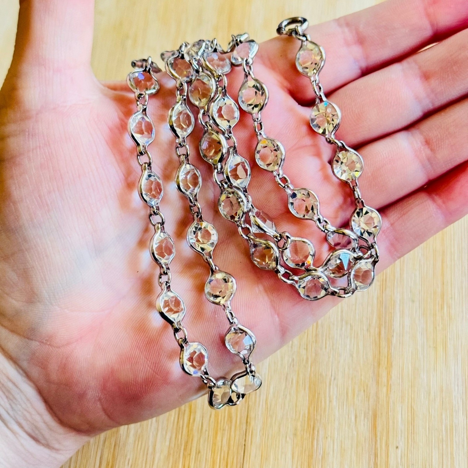 VTG Necklace Pointed Back Austrian Crystal Open Bezel Silver Tone Strand 30″
