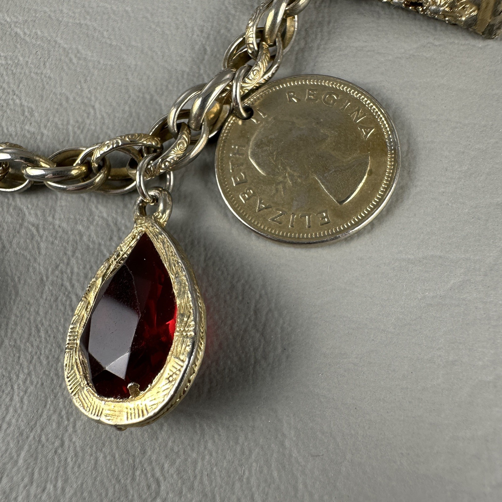 Vintage Charm Bracelet Gold Tone Glass Charms South Africa Coin 6.5″