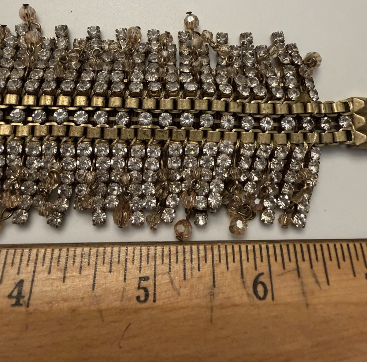 Vintage S&D Rhinestone Statement Bracelet Bronze Tone Multi Row Clear Stones