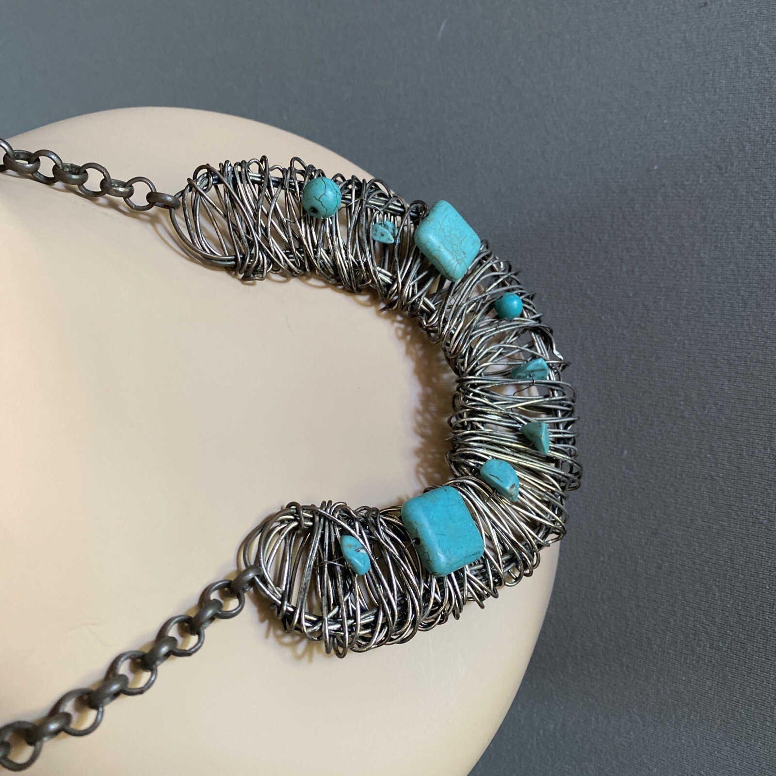Stone Beads Wire Choker Necklace OOAK Brutalist LARP Cosplay Costume Jewelry 25”