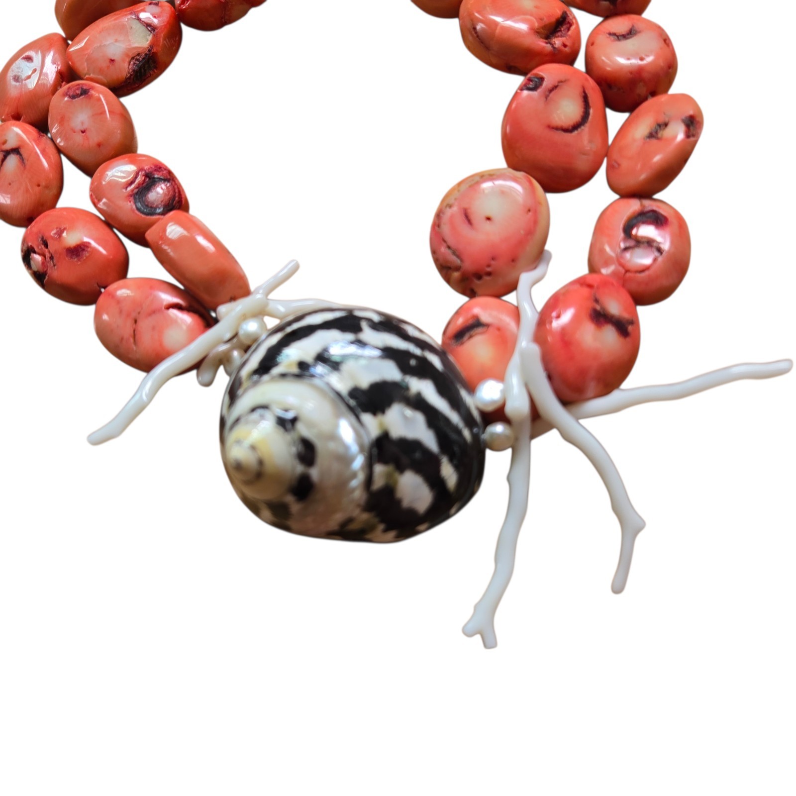 Vtg Red Sea Bamboo Coral Graduated Double Strand Necklace White Coral Accent
