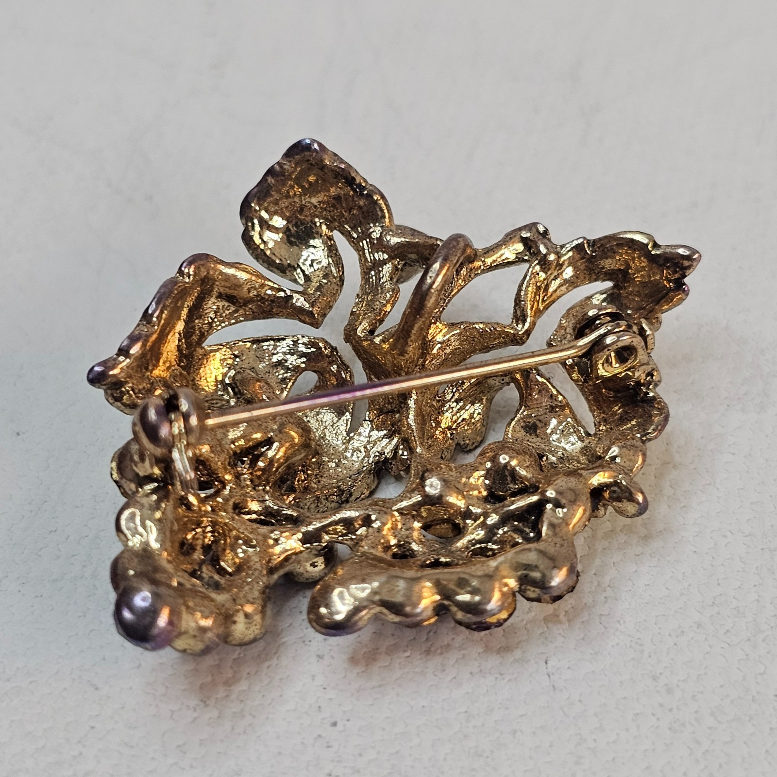 Grape Cluster Scatter Brooch Purple AB Rhinestones Green Leaves Unmarked Pin