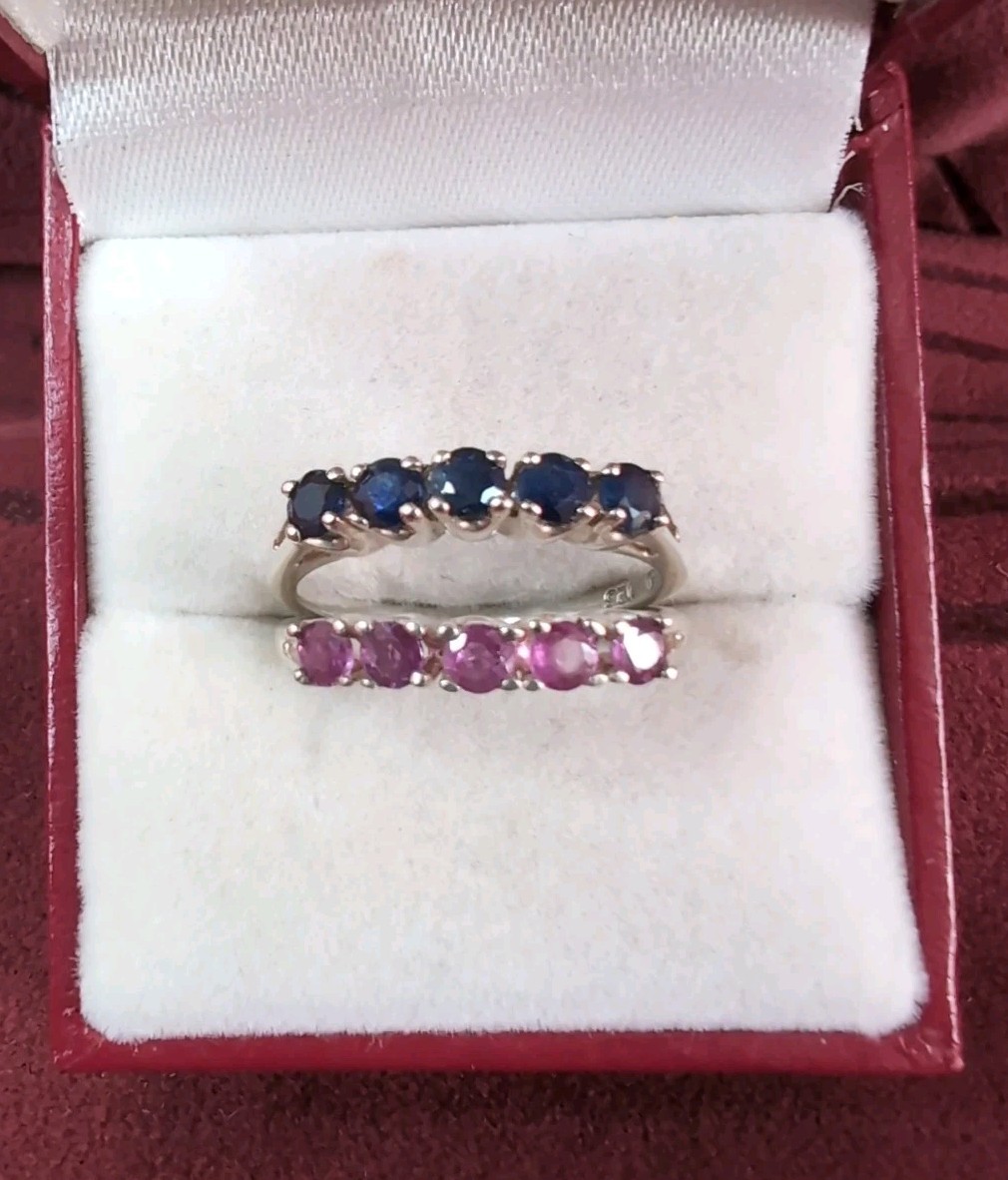 JED JOSEPH DEMARCO 925 Sterling Silver Ruby, Sapphire Gem 2 Stack Rings Size 8