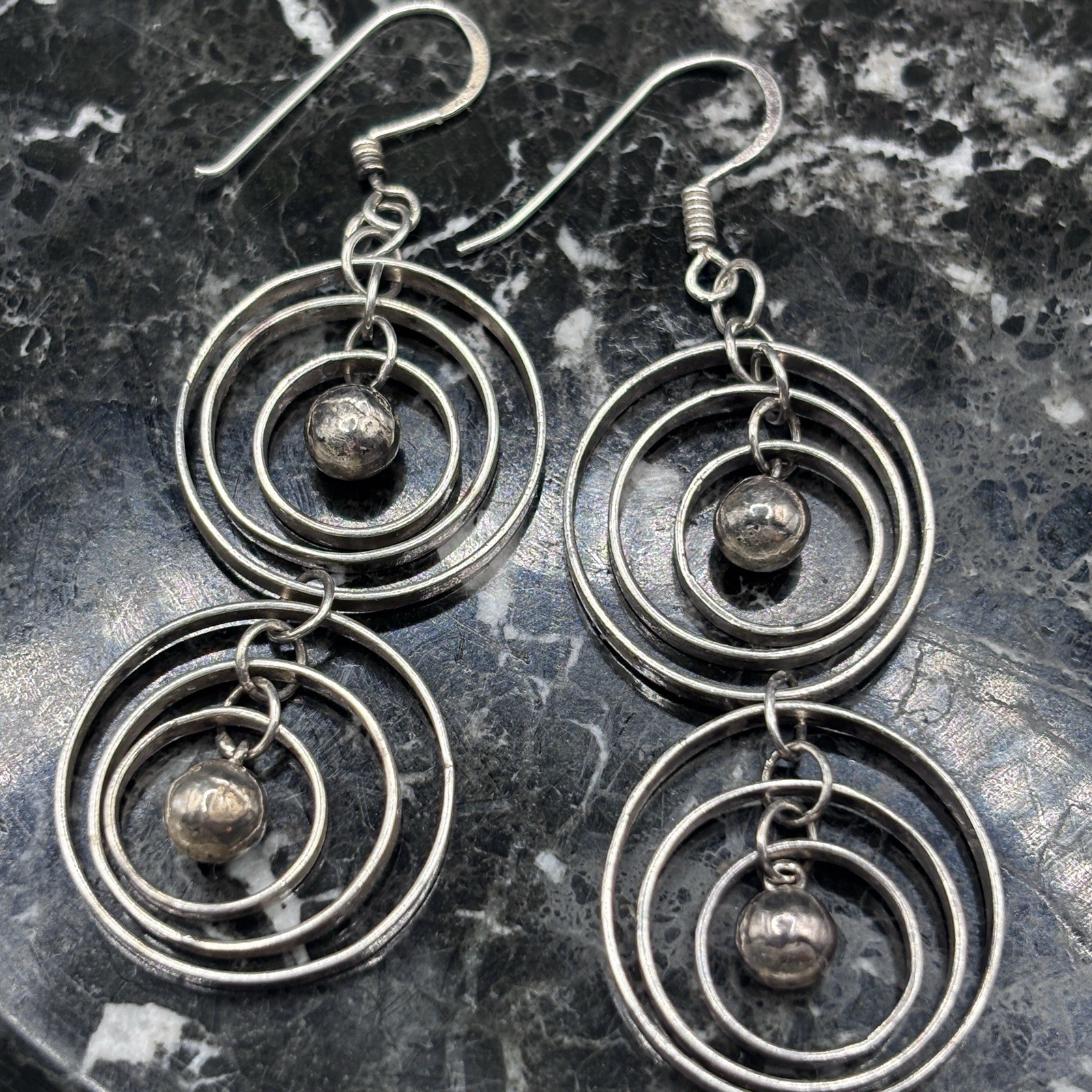 Two-Tiered 3 Concentric Circle’s 925 Silver Earrings Center Bead “Navajo Pearl”
