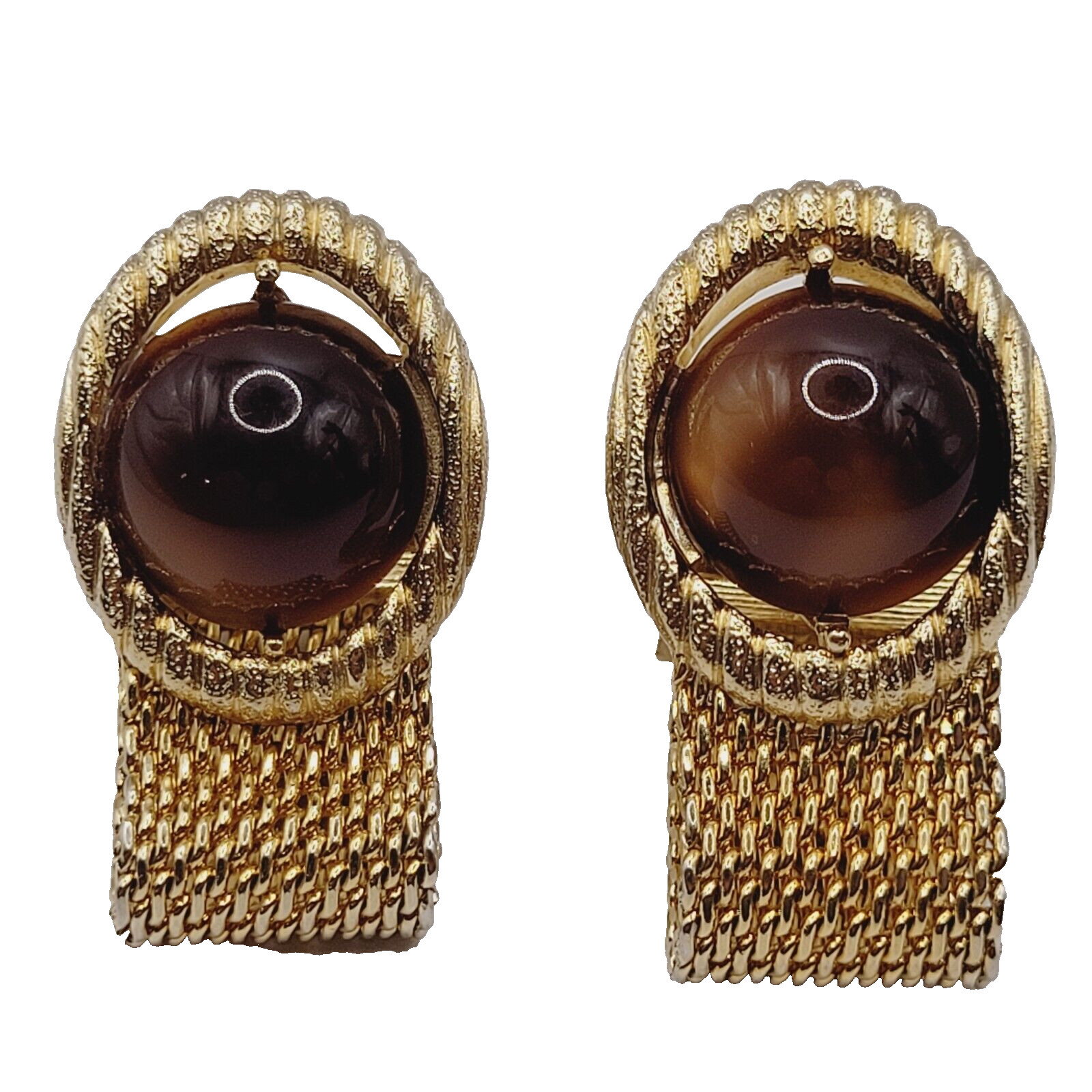 Swank Brown Lucite Tigers Eye Cabochon Center Gold Mesh Wrap Fancy Cufflinks