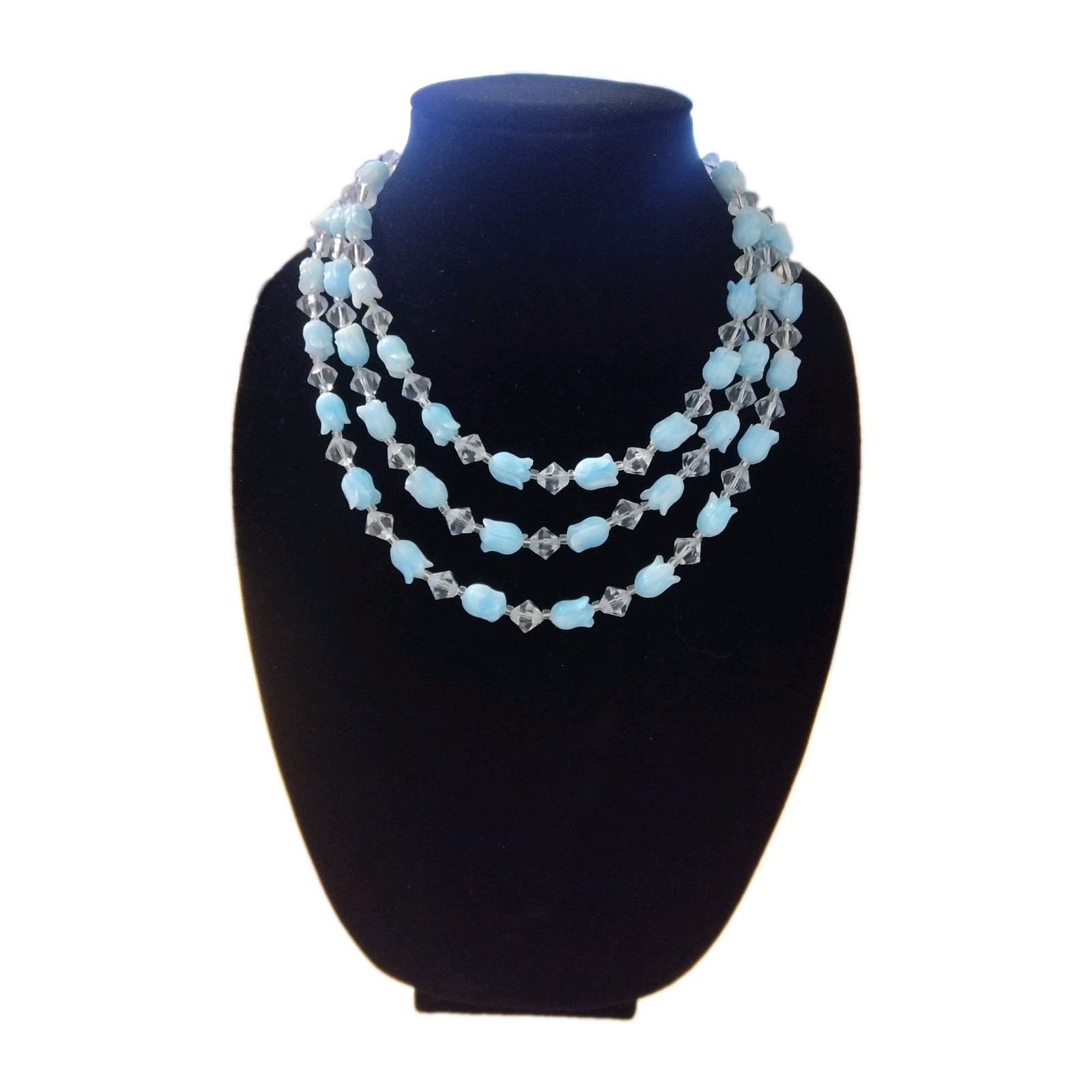 Vintage Japan Multi-Strand Beaded Necklace Blue Glass Gray Sim Crystal 18in Hook