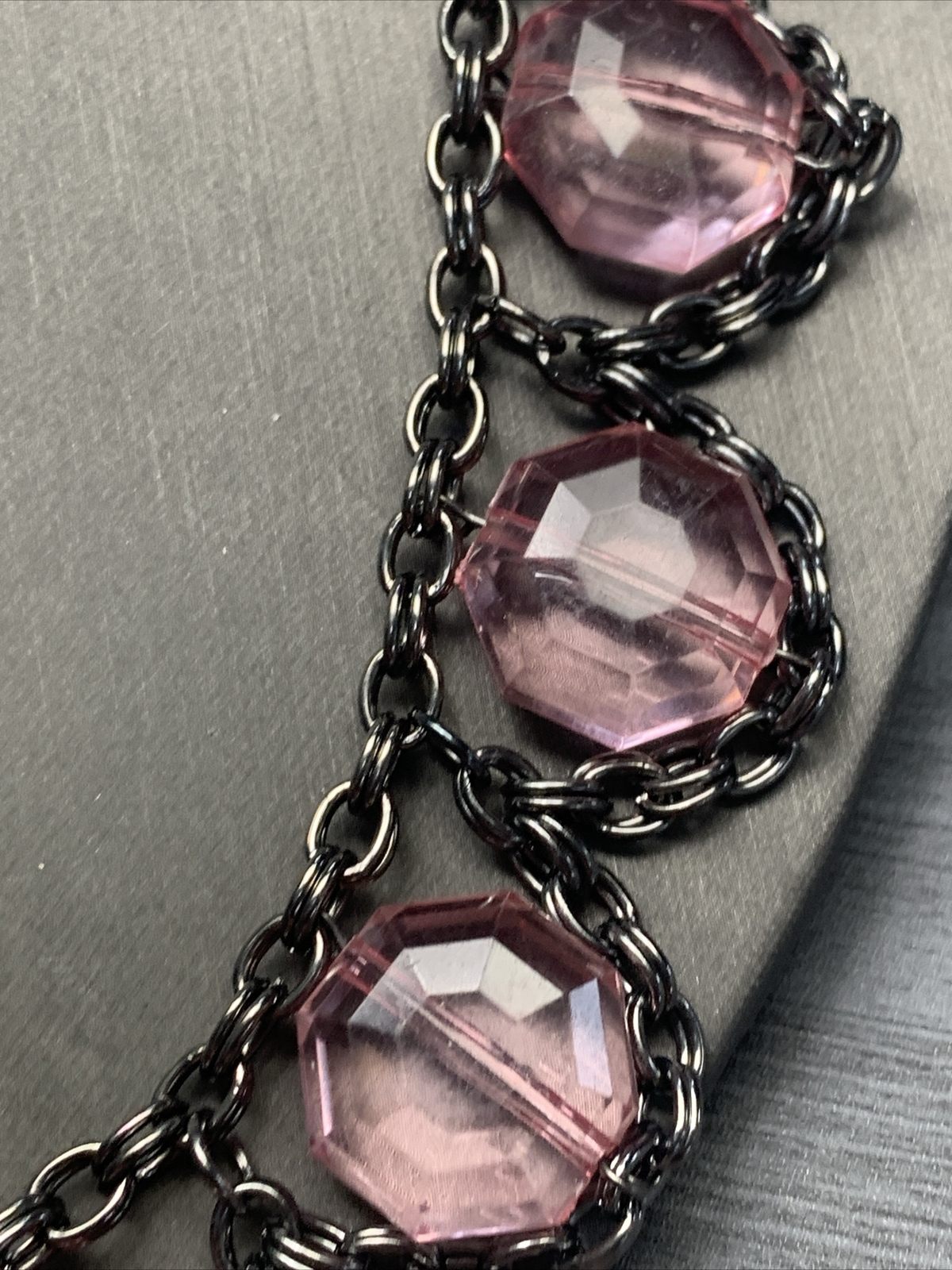 Vintage Beaded Necklace 18” Boho Pink, Gunmetal, Gray, Bib Statement