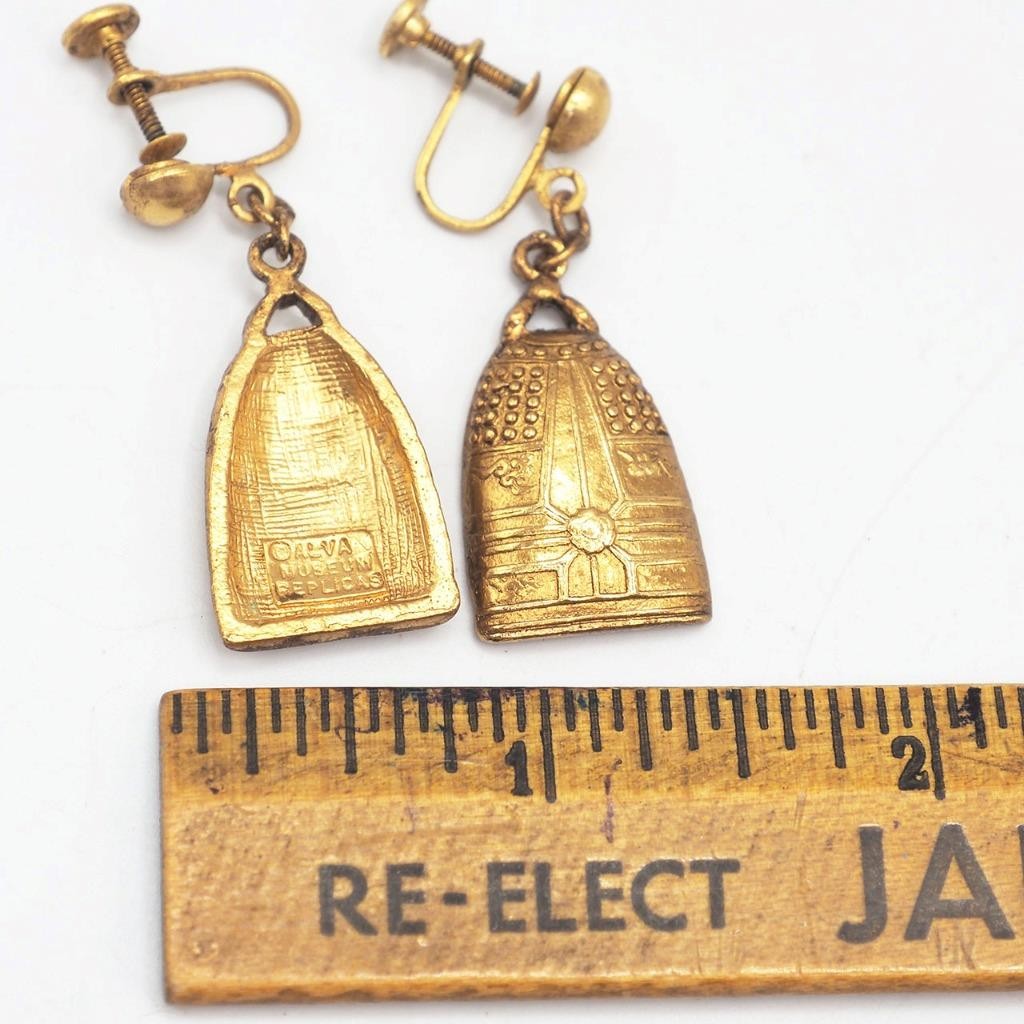Alva Museum Replicas Japanese Temple Bells Pendant Earrings Screw On