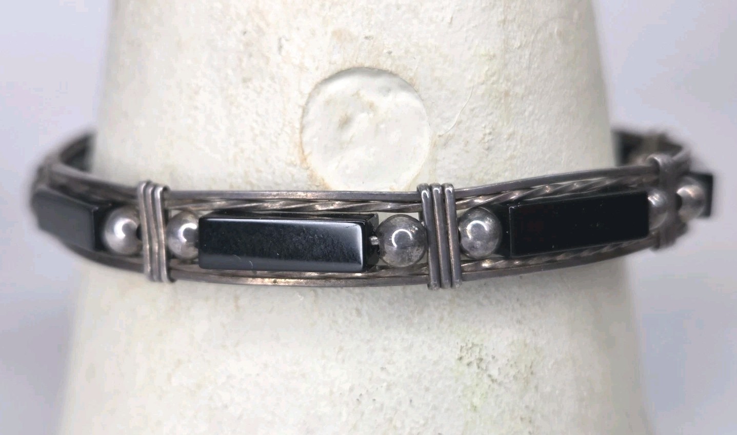 Vintage Sterling Silver Black Onyx Wire Wrapped Link Bracelet