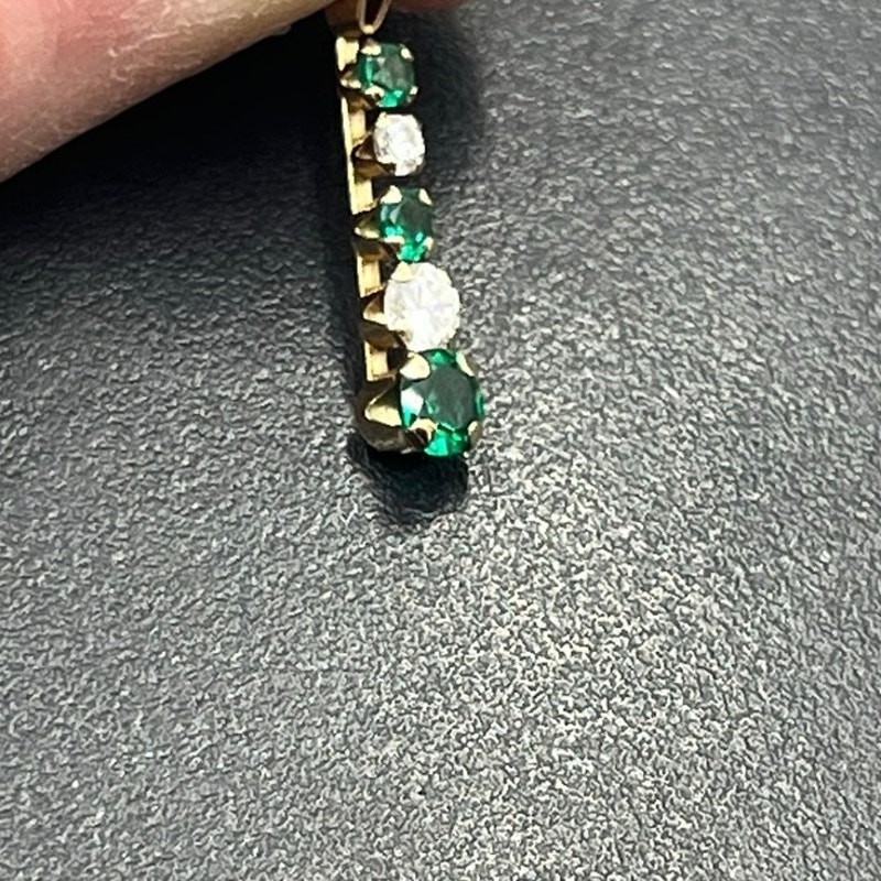 10k Yellow Gold Round Prong Set Emerald and CZ Linear Vertical May Pendant