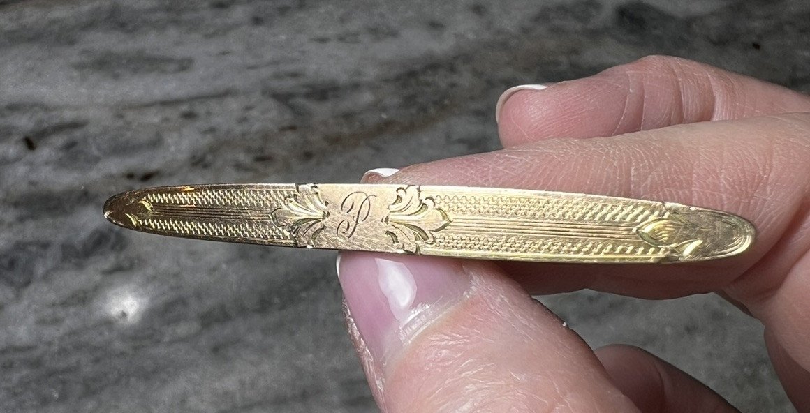 Antique Foster & Bailey Victorian Gold Plated Brooch, Etched, Letter “P”