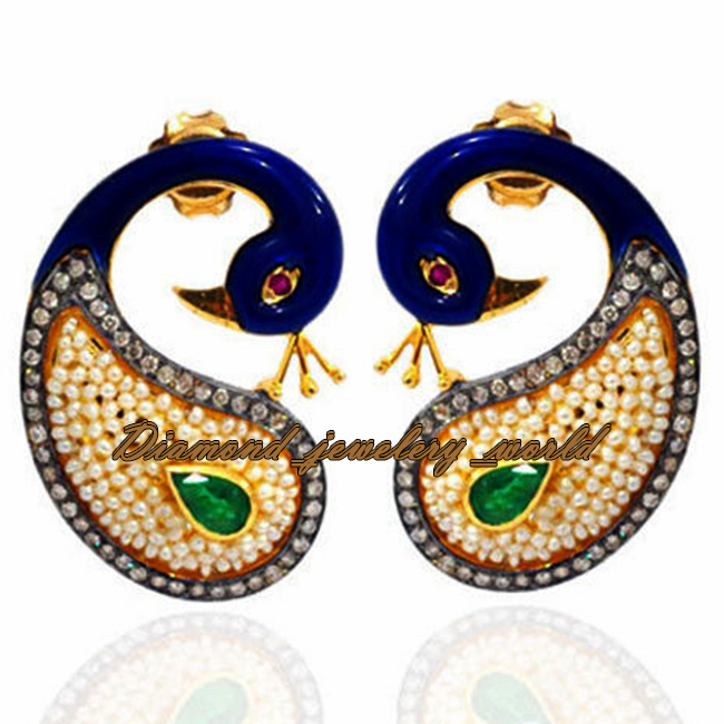 1.52ctw Rose Cut Diamond Gemstone Enamel Silver Vintage Peacock Earring Jewelry