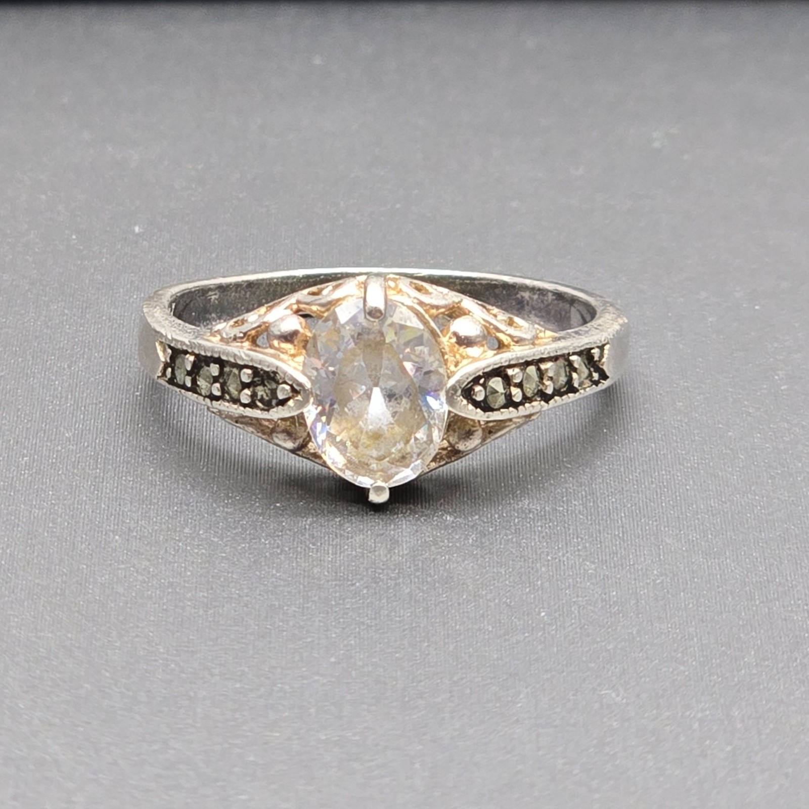 Vintage Art Deco Revival Sterling Silver Crystal Ring Size 8 Filigree Signed CW