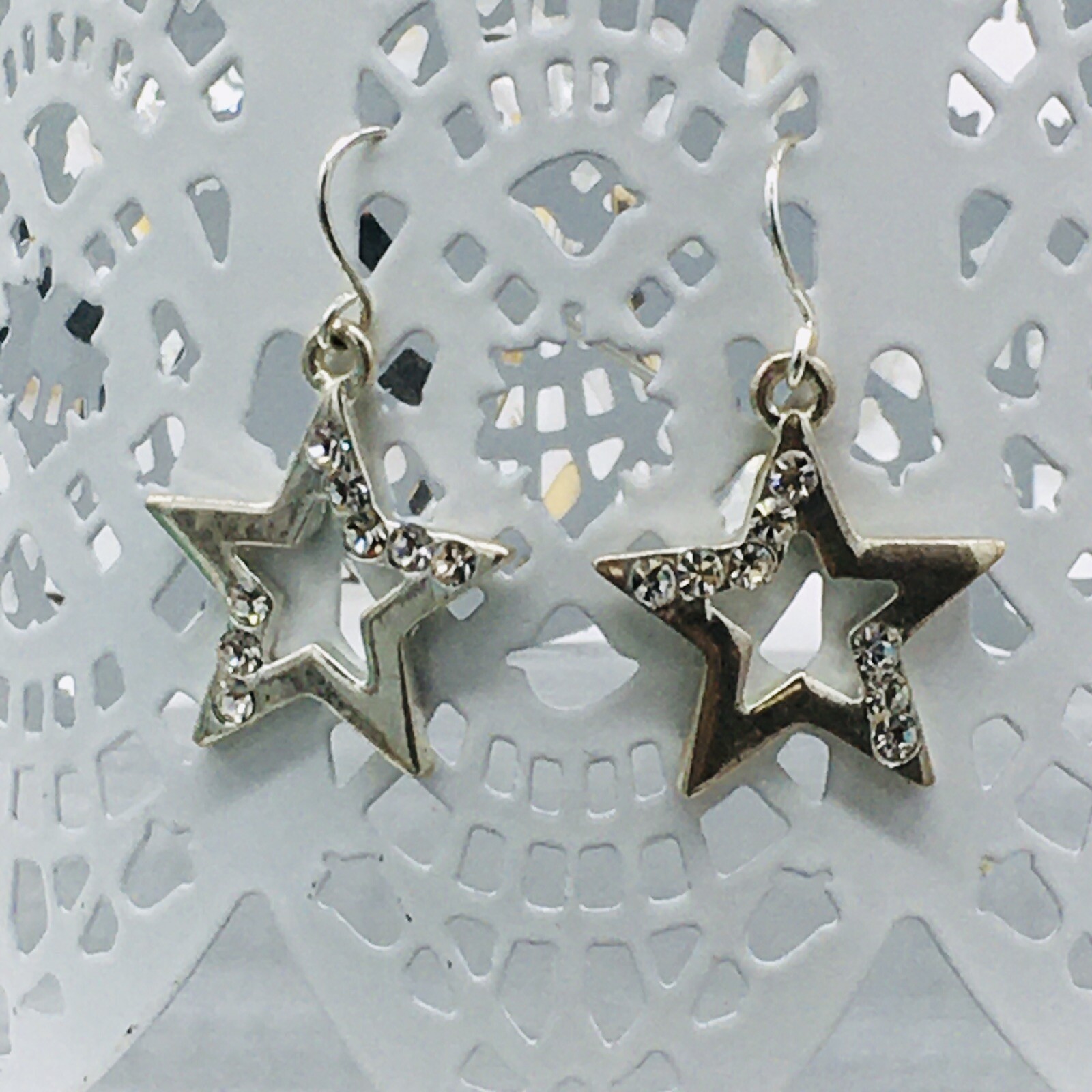 Silver Tone Star Rhinestone Dangle Earrings Approx .9″
