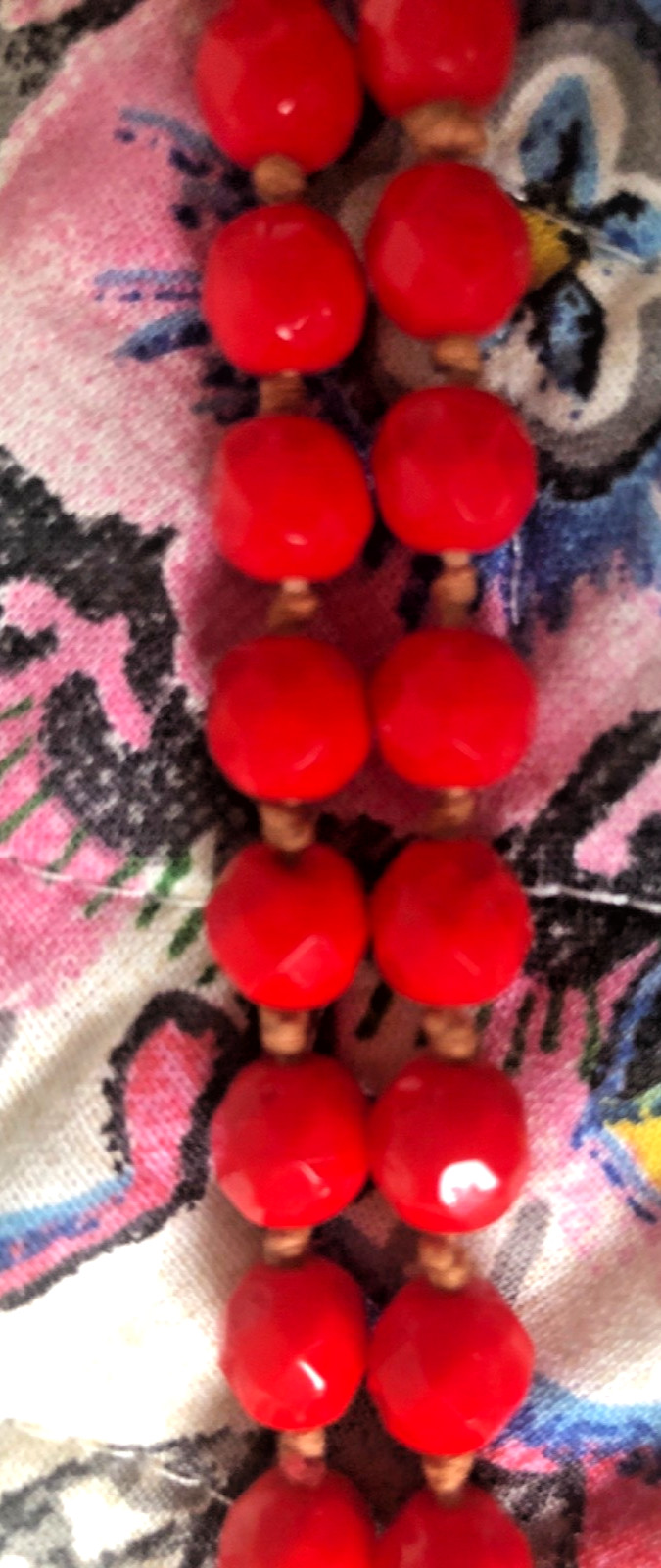 Vtg Red Glass Faceted Beaded Necklace Hand Knotted Extra Long 32 inches no clasp