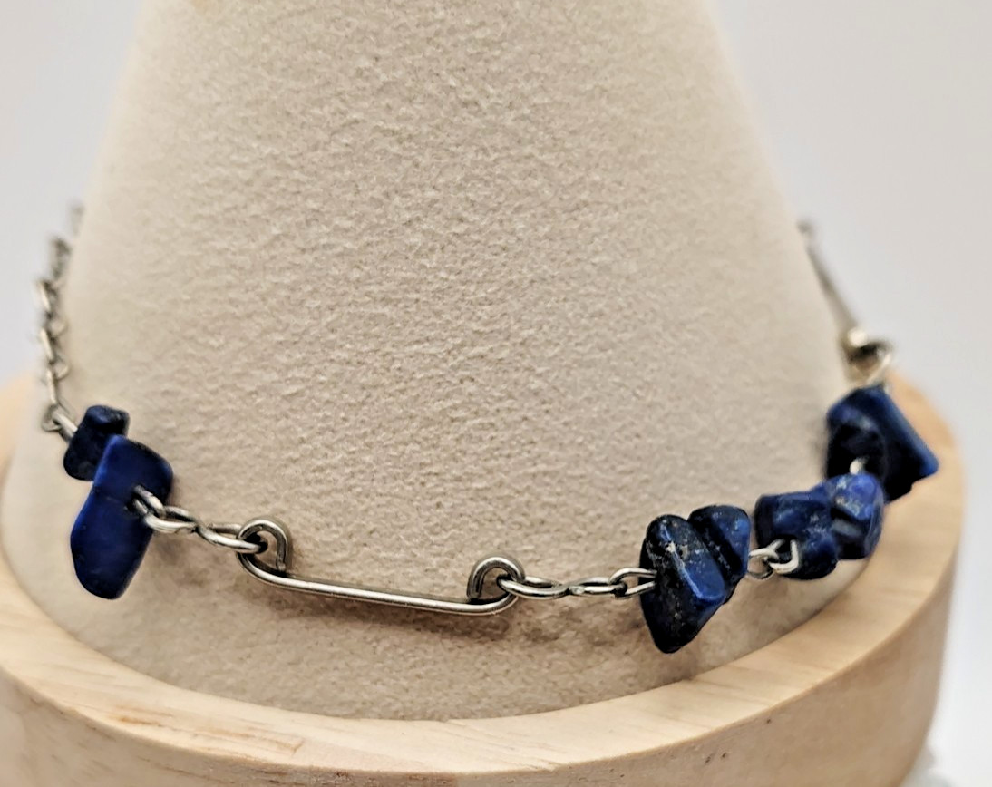 Vintage Iolite Lapis Lazuli Gemstone Beads Artisan Chain Bracelet Hook Clasp 8″