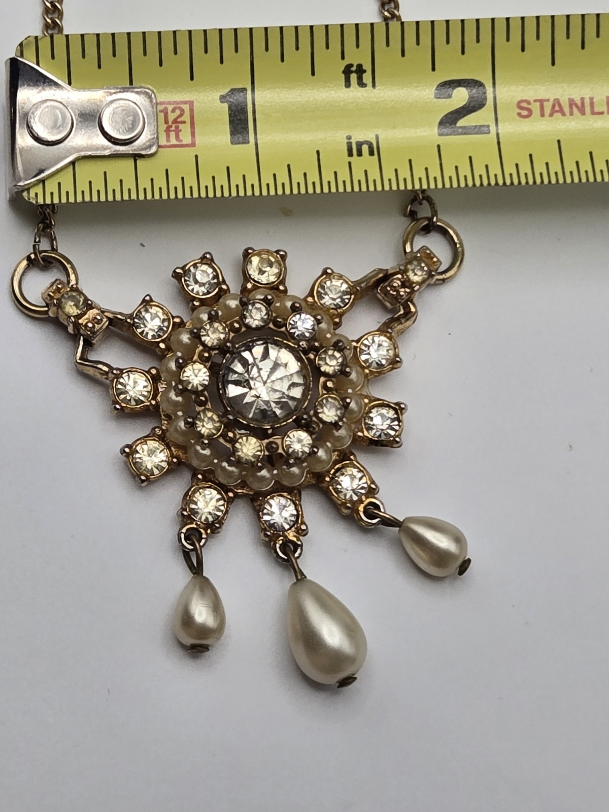 Vintage MCM Gold Tone Starburst Choker Necklace Crystal Rhinestone Faux Pearl